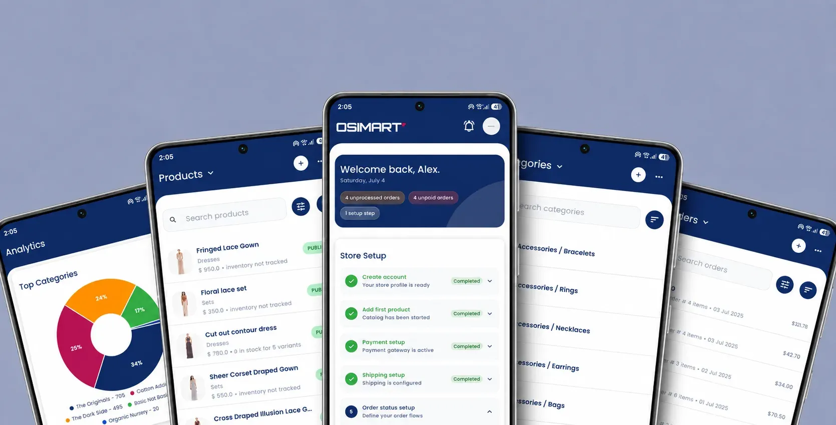 Osimart mobile app showing store management tools for products, inventory, orders, sales, and real-time insights