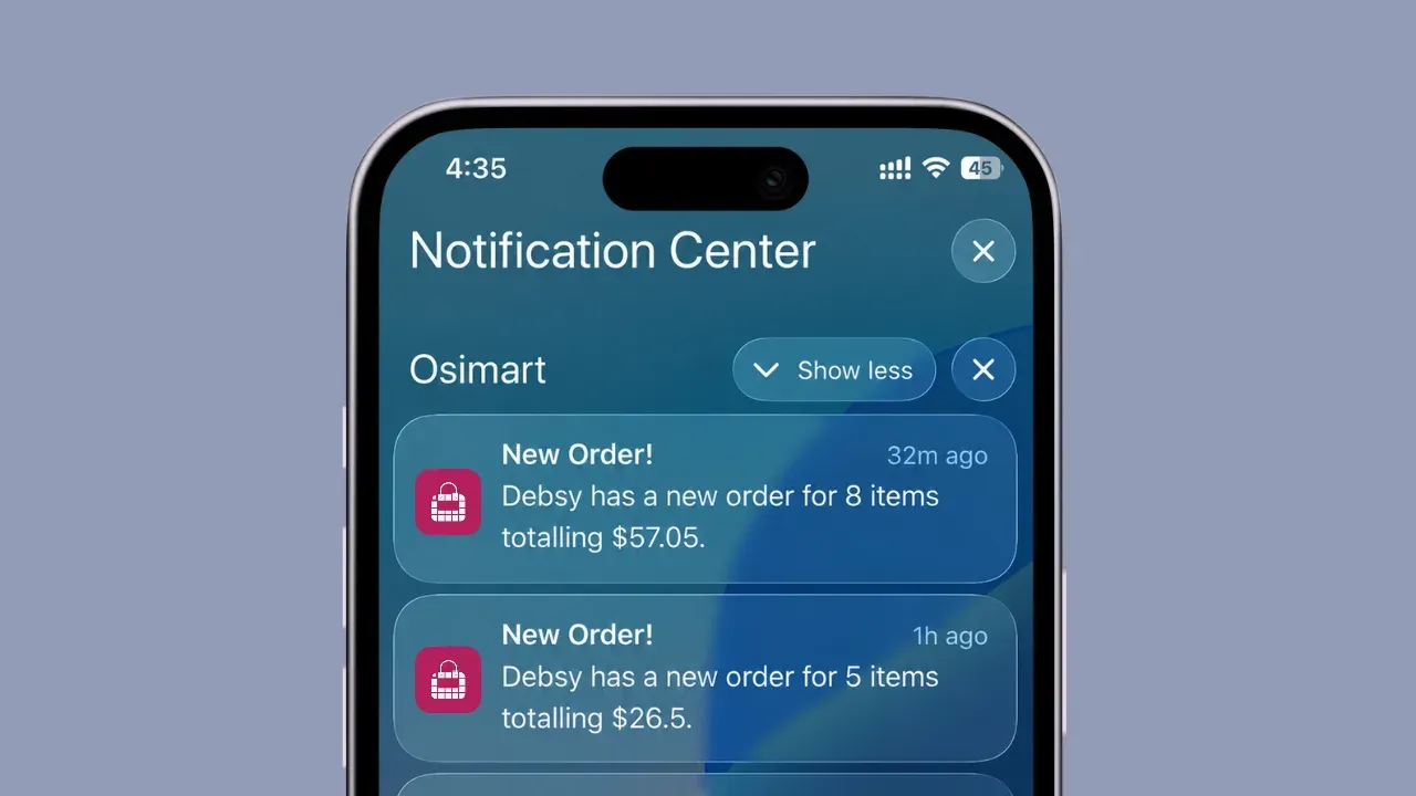 Osimart mobile app showing real-time push notifications for new orders and order status updates